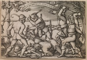 "Boerengevecht" uit de serie "Het Boerenfeest of De Twaalf Maanden". door Hans Sebald Beham