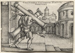 De werken van Hercules: Hercules draagt de zuilen van Gades door Hans Sebald Beham