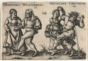 De Boerenbruiloft of de Twaalf Maanden: 11-Martinus Wintermon 12-Nicolaus Cristmon door Hans Sebald Beham
