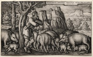 De verloren zoon: Varkens hoeden door Hans Sebald Beham