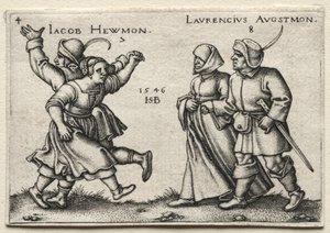 De dorpsbruiloft: Jacob Hewmon Lawrencius Augstmon, 1546 door Hans Sebald Beham