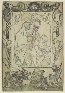 De Maagd en het Kind omringd door een rand met een jager en enkele konijnen (houtsnede, bewerkt in aquarel, gedrukt op perkament) door Hans Sebald Beham