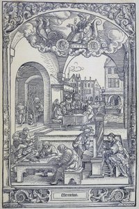De planeet Mercurius en kunstenaars, geleerden en technici, ca. 1535 (gravure)