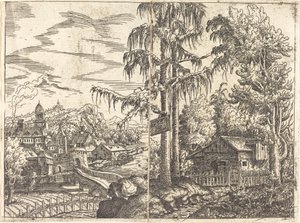Landschap met Uitzicht op een Boerenhuisje en een Stad nabij een Rivier, 1551