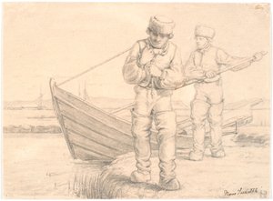 Twee Limfjordvissers die een Boot Trekken