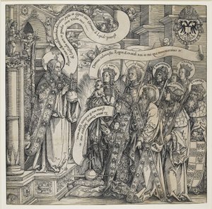 Maximiliaan gepresenteerd door zijn beschermheiligen aan de Almachtige, 1519