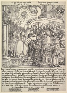 Maximiliaan gepresenteerd door zijn beschermheiligen aan de Almachtige, 1519 door Hans Springinklee