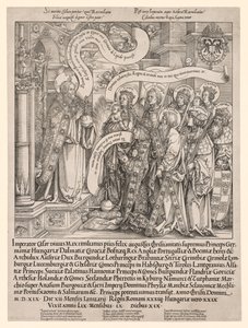 De keizer Maximiliaan gepresenteerd door zijn beschermheiligen aan de Almachtige, 1519 door Hans Springinklee