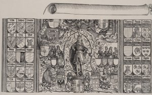Het bovenste gedeelte van de genealogie van Maximiliaan, met de rechterrand van de rol