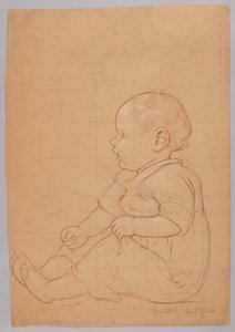 Studie van een zittend kind, verso: een oude man zittend op een steen door Hans Thoma