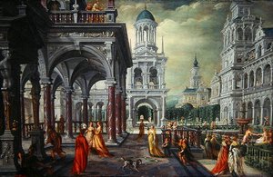 Bathseba en David met een architecturale achtergrond door Hans Vredeman de Vries