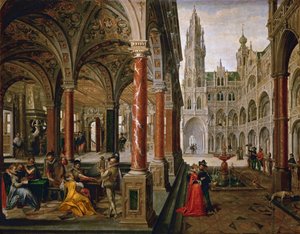 Paleis met muzikanten door Hans Vredeman de Vries
