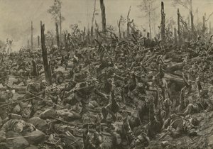 Duitse aanval op Franse blokhuizen en loopgraven in het Bois-le-Pretre na het artilleriebombardement van 5 juli 1915 door Hans W. (after) Schmidt