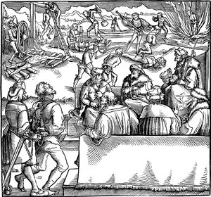 Rechtszitting. Illustratie uit het boek Phisicke Against Fortune door Petrarca, 1532 door Hans Weiditz the Younger