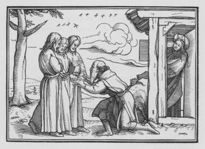 Abraham ontvangt drie engelen, Genesis XVIII, 2 door Hans after Holbein the Younger