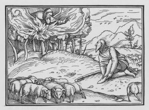 God verschijnt aan Mozes in een brandende struik, Exodus III, 5 door Hans after Holbein the Younger