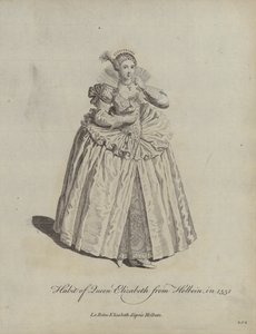 Kleding van koningin Elizabeth uit Holbein in 1551 door Hans after Holbein the Younger