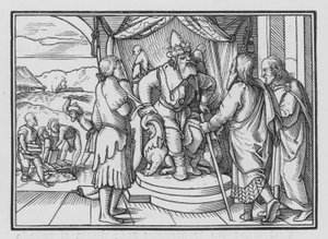 De farao verwijt Mozes en Aäron hun boodschap, Exodus V, 2 door Hans after Holbein the Younger