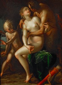 Jupiter, Antiope en Amor ... door Hans von Aachen