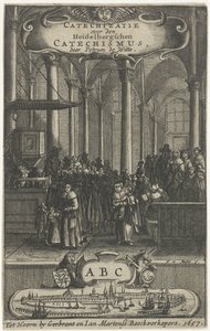 Kerkinterieur Titelpagina voor: P. de Witte, Catechizatie over den Heidelbergschen catechismus, 1657 door Harmen de Mayer