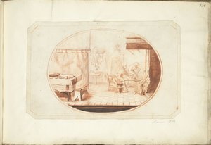 Keukeninterieur met twee vrouwen en een kat, in ovaal