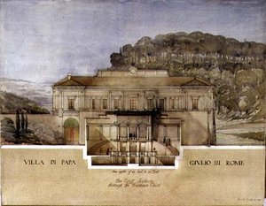Uitzicht op de doorsnede door de fontein binnenplaats van de Villa di Papa Giulio in Rome door Harold Chalton Bradshaw