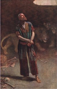 Daniël in de leeuwenkuil, illustratie uit Pictures That Teach The Crown Series, 1920 door Harold Copping
