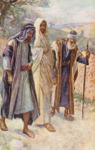 Nieuw Testament: De wandeling naar Emmaüs (kleur litho) door Harold Copping