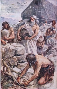 Noach bouwt zijn altaar, illustratie uit Pictures That Teach The Crown Series, 1920 door Harold Copping