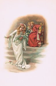 Ophelia met de koning en koningin, illustratie uit Hamlet door Harold Copping