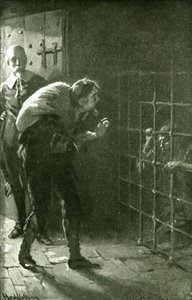 De man in de ijzeren kooi (litho). door Harold Copping