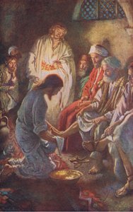 Het wassen van de voeten van de discipelen, illustratie uit Harold Copping Pictures: The Crown Series, ca. 1920s door Harold Copping