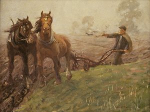 Man die een veld ploegt door Harold Harvey