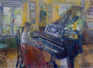 Muziek, interieur van Loiten pastorie door Harriet Backer