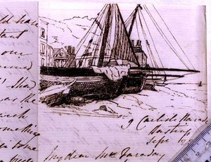 Vignet van vissersboten in Hastings, een schets in een brief aan Michael Faraday, 23 september 1853 (pen en inkt op papier)