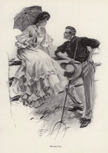 Een boer pauzeert in zijn werk om te flirten met een jonge vrouw door Harrison Fisher