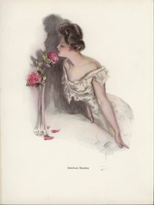 Amerikaanse vrouw die aan roze rozen in een vaas ruikt door Harrison Fisher