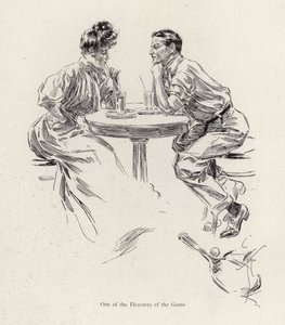 Koppel dat een drankje drinkt na een tennisspel (kleur litho) door Harrison Fisher