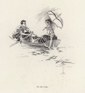 Man en vrouw in een roeiboot op het meer (litho)
