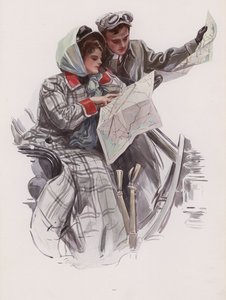 Man en vrouw lezen een kaart in een auto door Harrison Fisher