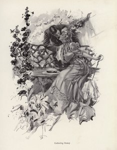 Man die een vrouw kust in een tuin (litho)
