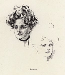 Pensketches van een jonge vrouw door Harrison Fisher