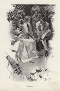 Romantisch stel dat een pauze neemt van hun golfspel (litho)