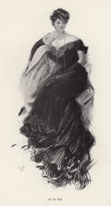 Vrouw in een avondjurk op een bal (litho)