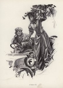 Vrouw die appels plukt vanuit een auto (litho) door Harrison Fisher