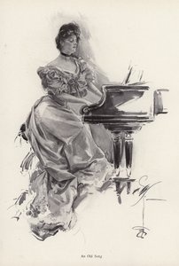 Vrouw die een lied speelt op een piano (litho)