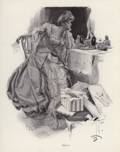 Jonge vrouw die tussen twee vrijers kiest (litho) door Harrison Fisher