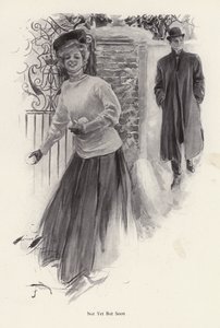 Jonge vrouw wacht om sneeuwballen naar een man te gooien door Harrison Fisher