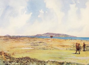 Golfbanen: Dollymount, de eerste tee, kijkend naar de Howth door Harry (1878 1950) Rountree