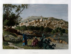 Hebron, gegraveerd door Alfred Krausse naar een afbeelding van Harry Fenn, gepubliceerd in Picturesque Palestine, circa 1875 door Harry ) Fenn
